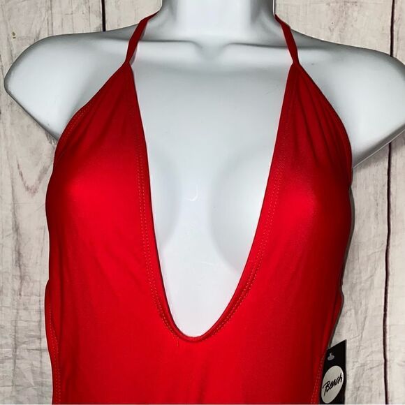 NEW! BOOHOO KOS DEEP PLUNGE SWIMSUIT RED SIZE 6 - Picture 5 of 10